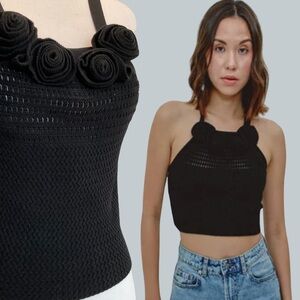 Another Girl Anthropologie Black Flower Knitted Halter Rosette Top L NWT